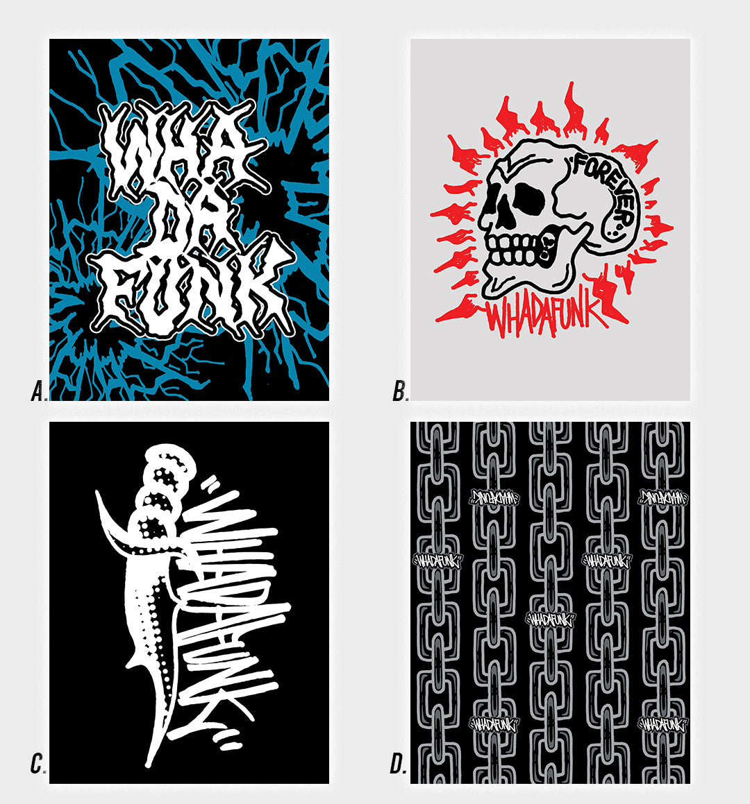 WHADAFUNK Mini Prints featuring bold graphic streetwear art for room decor.