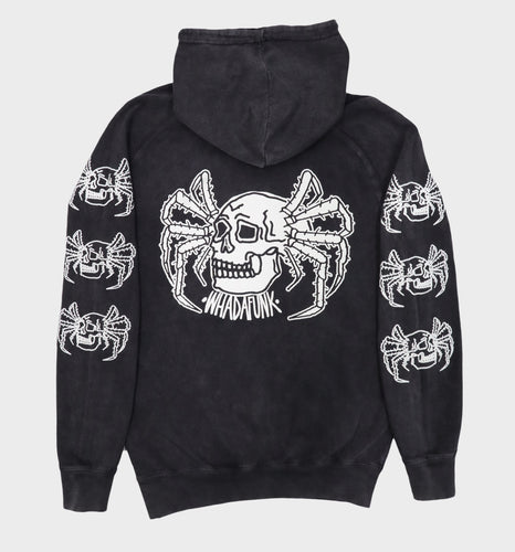 Close-up of hand-drawn spider and skull design on hoodie back view